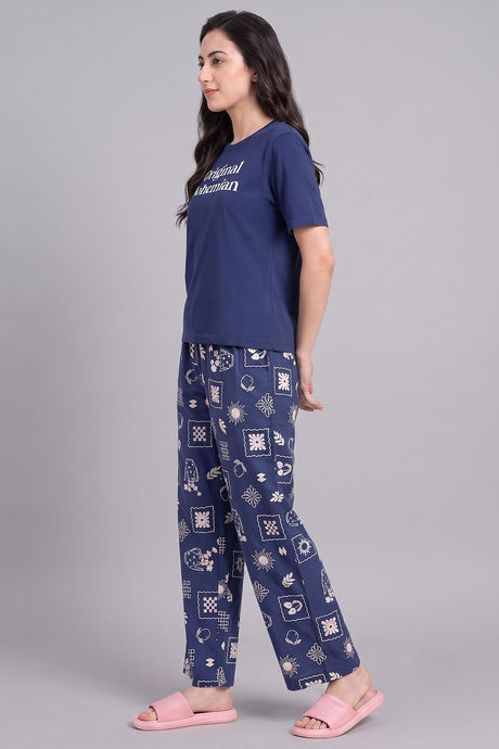 Zivame Knit Cotton Loungewear Set - Navy Peony — image 2